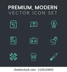 Modern, simple vector icon set on dark grey background with internet, winner, woman, package, shipment, navigation, business, route, cafe, identity, drink, service, order, control, cup, first icons