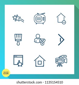 Modern, simple vector icon set on gradient background with shiny, architecture, electric, technology, microphone, building, brush, estate, removal, television, right, antenna, backdrop, falling icons