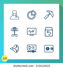 Modern, simple vector icon set on gradient background with pie, doctor, return, plane, button, delivery, purse, uniform, shipping, parasol, airplane, player, box, construction, crane, sun, graph icons