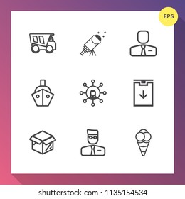 Modern, simple vector icon set on gradient background with ship, package, lorry, ball, science, truck, night, cream, vessel, sea, cargo, people, download, user, car, dump, screen, transport, sky icons