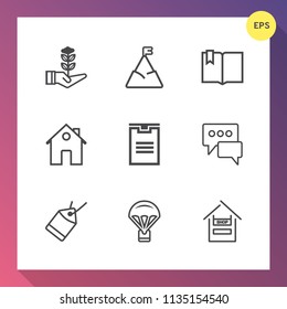 Modern, simple vector icon set on gradient background with click, hill, parachuting, real, gardening, shipping, store, plant, speech, supermarket, peak, seedling, home, growth, house, customer icons