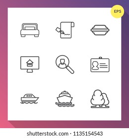 Modern, simple vector icon set on gradient background with house, white, nature, fast, online, water, id, property, burger, bun, yacht, account, food, tree, lettuce, sea, ocean, sandwich, list icons