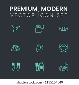 Modern, simple vector icon set on dark grey background with house, equipment, field, internet, wing, satellite, butterfly, masquerade, roof, web, emergency, thermometer, pot, send, vehicle, fire icons