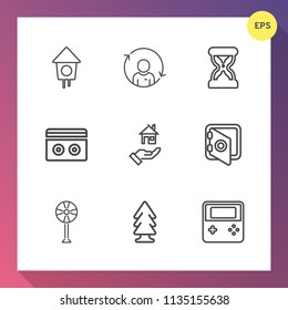 Modern, simple vector icon set on gradient background with forest, man, sand, fan, web, timer, landscape, estate, time, wooden, bank, button, arrow, birdhouse, tree, banking, music, hour, stereo icons