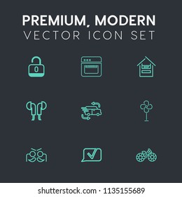 Modern, simple vector icon set on dark grey background with fast, electric, customer, car, equipment, communication, ventilator, bike, hot, festival, transportation, cooler, party, safety, fan icons