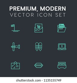 Modern, simple vector icon set on dark grey background with retail, military, office, computer, notebook, list, lettuce, shop, interior, receipt, file, technology, burger, bill, folder, plane,  icons