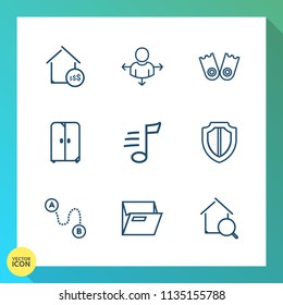 Modern, simple vector icon set on gradient background with sound, sign, musical, protection, travel, music, direction, map, tune, shield, online, housing, position, place, real, file, point, sea icons