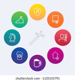 Modern, simple vector icon set on colorful circle backgrounds with white, concert, chessboard, new, drink, business, mountain, blue, house, magical, wizard, home, office, education, wand, top icons