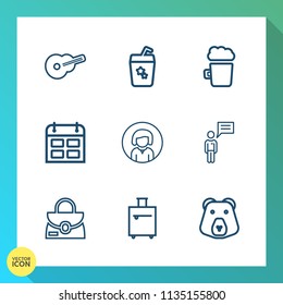 Modern, simple vector icon set on gradient background with nature, timetable, concert, object, party, pub, leather, alcohol, communication, white, cocktail, drink, bag, beer, chat, grizzly, trip icons