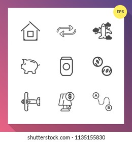 Modern, simple vector icon set on gradient background with building, concept, home, architecture, estate, plane, white, real, person, military, transportation, finance, currency, house, flight icons