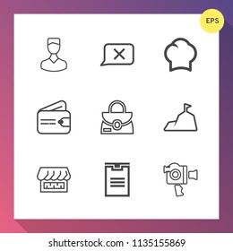Modern, simple vector icon set on gradient background with chef, money, box, leather, avatar, cash, sign, video, human, purse, camera, nature, shipping, package, chat, sky, finance, user, closed icons