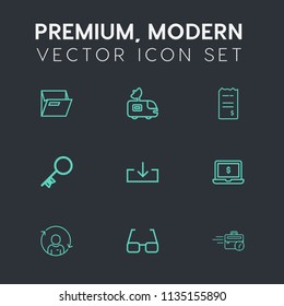 Modern, simple vector icon set on dark grey background with web, security, door, open, technology, communication, sitting, satellite, eye, bill, house, refresh, laptop, sign, truck, financial icons
