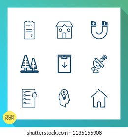 Modern, simple vector icon set on gradient background with environment, document, web, space, nature, forest, magnetic, magnet, financial, industrial, field, tree, communication, home, concept icons