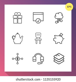 Modern, simple vector icon set on gradient background with water, headset, concept, coin, package, support, web, tea, information, data, bank, network, money, call, kitchen, microphone, holiday icons