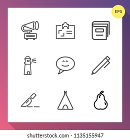Modern, simple vector icon set on gradient background with hand, id, ocean, sea, bubble, gramophone, sound, pear, medical, pencil, retro, adventure, vinyl, player, fresh, education, identity icons