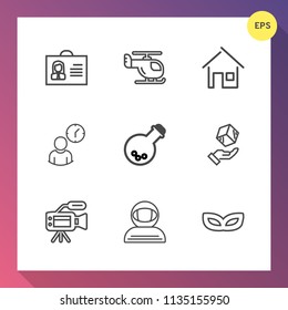 Modern, simple vector icon set on gradient background with lens, masquerade, tool, male, technology, party, people, human, medicine, tripod, astronaut, business, air, laboratory, video, woman icons
