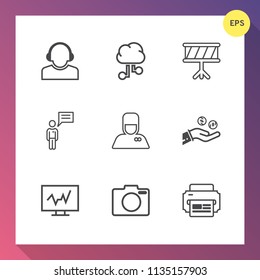 Modern, simple vector icon set on gradient background with medical, cloud, service, doctor, musical, money, business, violin, sound, instrument, hotel, team, bellhop, internet, lens, equipment icons
