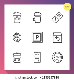 Modern, simple vector icon set on gradient background with object, play, help, bill, style, mug, espresso, lager, beverage, return, money, order, drink, car, vehicle, pint, hot, cup, delivery icons