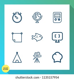 Modern, simple vector icon set on gradient background with watch, sphere, internet, countdown, computer, retro, message, minute, planet, travel, food, hour, outdoor, web, office, movie, sign, pc icons