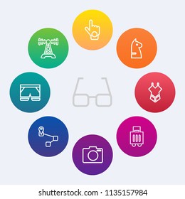 Modern, simple vector icon set on colorful circle backgrounds with luggage, point, station, broadcasting, hand, bikini, woman, wear, finger, eye, eyeglasses, lens, equipment, chessboard, airport icons