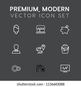 Modern, simple vector icon set on dark grey background with money, clean, market, diagnostic, coin, bucket, map, white, route, dessert, action, modern, ice, food, sweet, doctor, bank, medicine icons