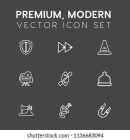Modern, simple vector icon set on dark grey background with ladder, pole, button, retro, field, head, cap, security, global, water, satellite, audio, sign, sewing, secure, guard, sew, music, oar icons