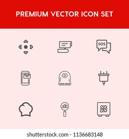 Modern, simple vector icon set on red background with lock, email, private, arrow, electric, find, search, electricity, food, character, button, emergency, record, safe, uniform, cartoon, call icons