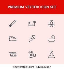 Modern, simple vector icon set on red background with mountain, finance, office, film, location, event, train, paper, camera, credit, sky, account, radius, landscape, cycle, rail, festival, card icons