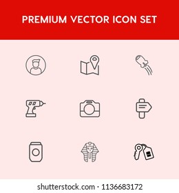 Modern, simple vector icon set on red background with arrow, sign, navigation, machine, travel, internet, can, metal, rocket, way, camera, craft, container, people, pharaoh, male, house, film icons