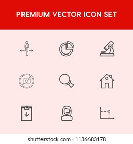 Modern, simple vector icon set on red background with research, photography, travel, sign, equipment, scientific, laboratory, business, medical, pie, graphic, search, direction, place, office icons