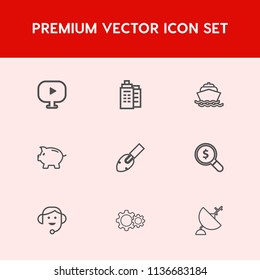 Modern, simple vector icon set on red background with bank, call, sea, concept, ocean, house, building, travel, water, search, property, home, web, equipment, investment, dish, shovel, vessel icons