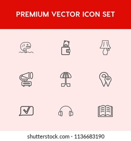 Modern, simple vector icon set on red background with audio, sound, female, road, pin, parasol, gramophone, purse, page, modern, food, lamp, umbrella, white, paper, vintage, table, animal, cash icons