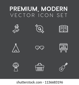 Modern, simple vector icon set on dark grey background with camp, infographic, concert, buy, chart, business, house, hot, musical, outdoor, decorative, concept, sound, travel, guitar, label, air icons