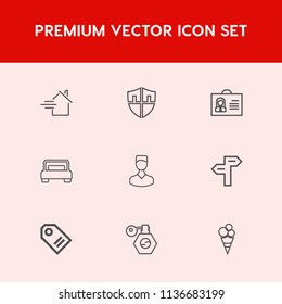 Modern, simple vector icon set on red background with protect, price, people, sweet, person, home, tag, profile, rent, safety, dessert, security, direction, internet, protection, concept, human icons