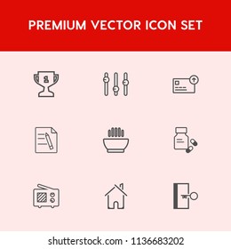 Modern, simple vector icon set on red background with cash, winner, door, office, ribbon, hot, architecture, escape, radio, money, signal, business, house, document, medical, competition, dish icons