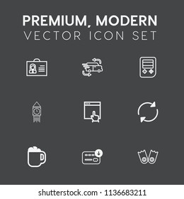 Modern, simple vector icon set on dark grey background with cafe, drink, profile, money, big, website, transportation, person, mug, truck, reload, bag, button, speed, summer, business, mouse icons