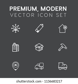 Modern, simple vector icon set on dark grey background with home, cutout, job, box, location, drawing, architecture, pen, vehicle, city, package, work, leisure, roller, truck, pencil, white, fun icons