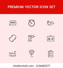 Modern, simple vector icon set on red background with hand, transportation, trumpet, chat, jazz, minute, profile, drill, building, mark, transport, timer, tick, watch, business, message, extreme icons