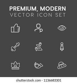 Modern, simple vector icon set on dark grey background with crown, map, suit, space, trumpet, computer, find, business, vintage, web, concept, mouth, jazz, body, hand, eye, door, route, account icons