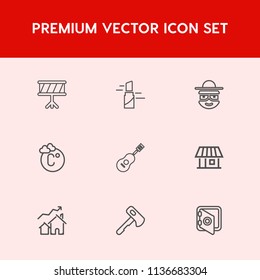 Modern, simple vector icon set on red background with cartoon, temperature, beauty, bank, thermometer, axe, beautiful, lipstick, construction, safety, safe, female, fashion, character, red, drum icons