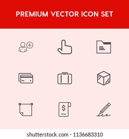 Modern, simple vector icon set on red background with package, travel, office, note, cursor, social, plastic, hand, stick, baggage, sign, card, template, message, pointer, sale, pencil, bag, box icons