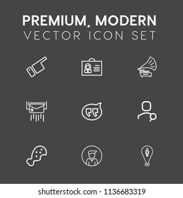 Modern, simple vector icon set on dark grey background with man, boy, music, play, people, female, travel, internet, pointing, sound, speech, direction, pin, hand, web, snack, human, chat, fast icons