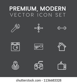 Modern, simple vector icon set on dark grey background with video, music, bank, button, technology, money, equipment, mechanic, spanner, home, income, industry, screen, arrow, laundry, cycle, tv icons