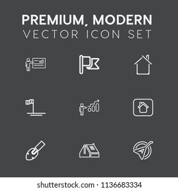 Modern, simple vector icon set on dark grey background with instrument, national, businessman, red, nation, flag, meeting, female, real, blue, america, musical, progress, construction, seminar icons