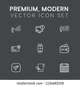 Modern, simple vector icon set on dark grey background with balance, money, hand, watch, calendar, computer, internet, timetable, web, management, screen, list, development, wallet, message, day icons