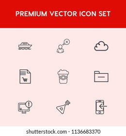 Modern, simple vector icon set on red background with music, mug, folder, web, online, boat, vessel, mobile, notebook, water, storage, coffee, list, shopping, travel, folk, man, speed, yacht icons