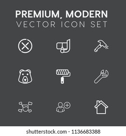 Modern, simple vector icon set on dark grey background with boy, beach, snorkeling, telephone, roller, no, red, water, mask, wrench, screwdriver, wild, home, add, construction, repair, summer icons