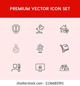 Modern, simple vector icon set on red background with online, rent, sale, buy, fashion, personal, estate, white, luggage, plan, task, protect, necklace, travel, lamp, property, airport, home icons