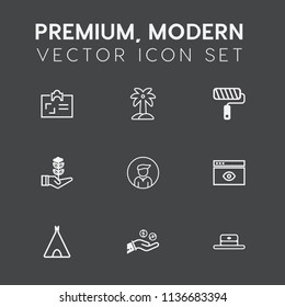 Modern, simple vector icon set on dark grey background with internet, palm, brush, tree, identification, tropical, coconut, outdoor, natural, leaf, tent, repair, id, head, finance, browser, tool icons