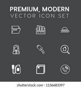 Modern, simple vector icon set on dark grey background with danger, folder, spaceship, space, file, employer, online, emergency, test, search, real, paper, employee, research, sun, ring, call icons